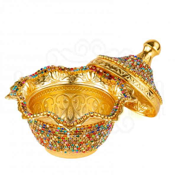 Renkli Swarovski Taşlı Şekerlik Drajelik Dekoratif Büyük Yuvarlak Lalegül Altın - 3