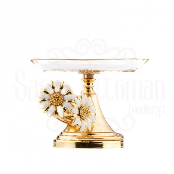 Cam Servis Sunum Tabağı Sunumluk Ayaklı Servis Tabağı Beyaz Papatya Küçük Sarmaşık Kare Sunum Altın - 2