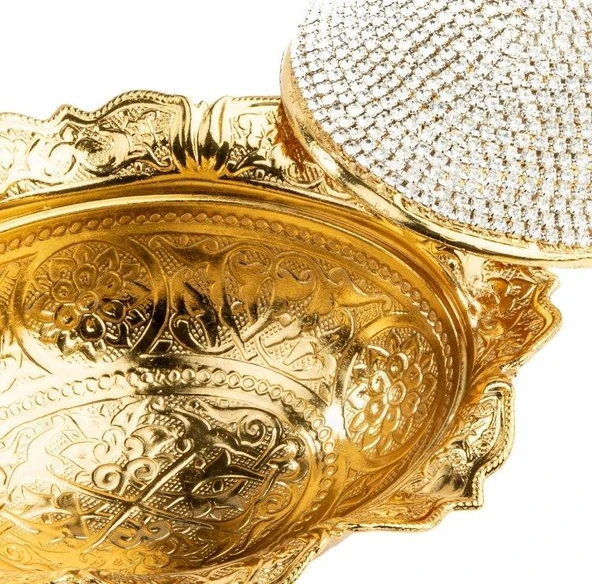 Swarovski Taşlı Şekerlik Büyük Oval Kapaklı Drajelik Dekoratif Altın - 4