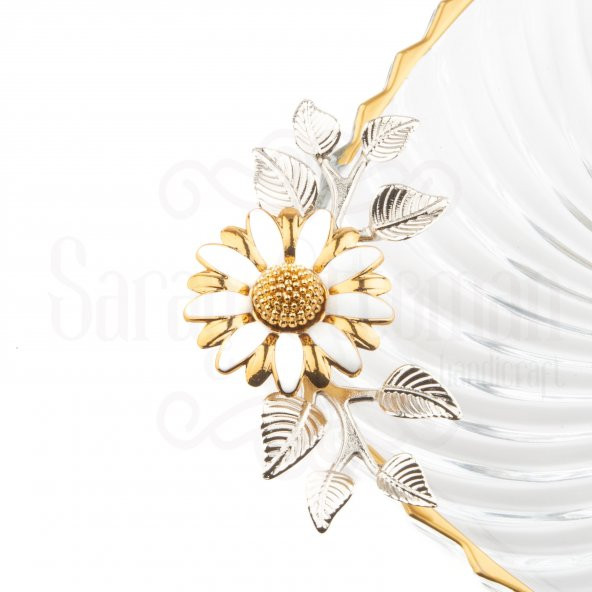 Cam Kase Sunumluk Servis Kasesi Beyaz Papatya Cam Kare Sunum Altın - 3