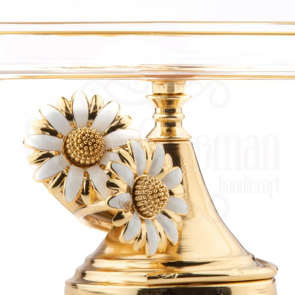 Cam Servis Sunum Tabağı Sunumluk Ayaklı Servis Tabağı Beyaz Papatya Sarmaşık Dikdörtgen Sunum Altın - 3