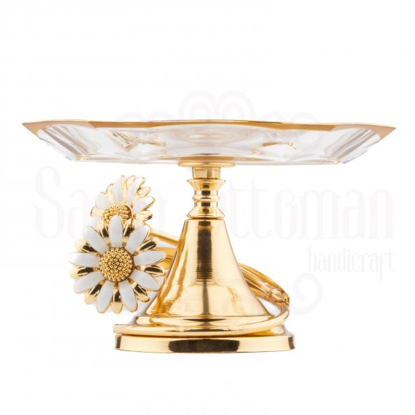 Cam Servis Sunum Tabağı Sunumluk Ayaklı Servis Tabağı Beyaz Papatya Küçük Sarmaşık Altıgen Sunum Altın - 2