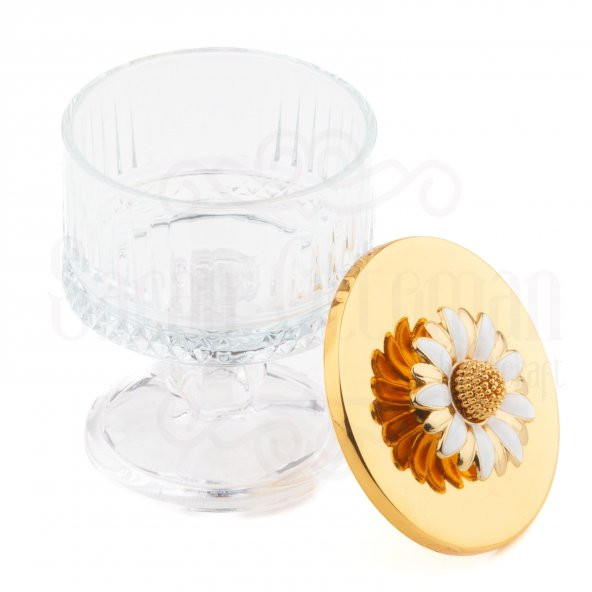 Kase Cam Kase Reçellik Şekerlik Çikolatalık Hediyelik Beyaz Papatya Cam Ayaklı Küçük Elysia Kase Altın - 3