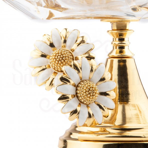 Cam Servis Sunum Tabağı Sunumluk Ayaklı Servis Tabağı Beyaz Papatya Küçük Sarmaşık Altıgen Sunum Altın - 3