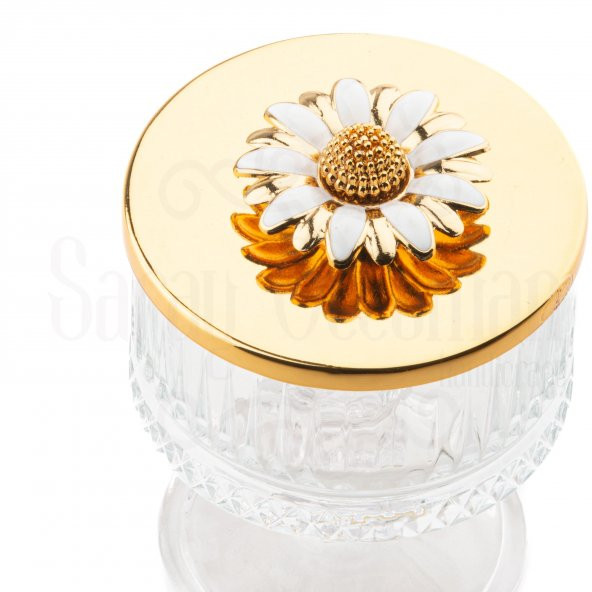 Kase Cam Kase Reçellik Şekerlik Çikolatalık Hediyelik Beyaz Papatya Cam Ayaklı Küçük Elysia Kase Altın - 4
