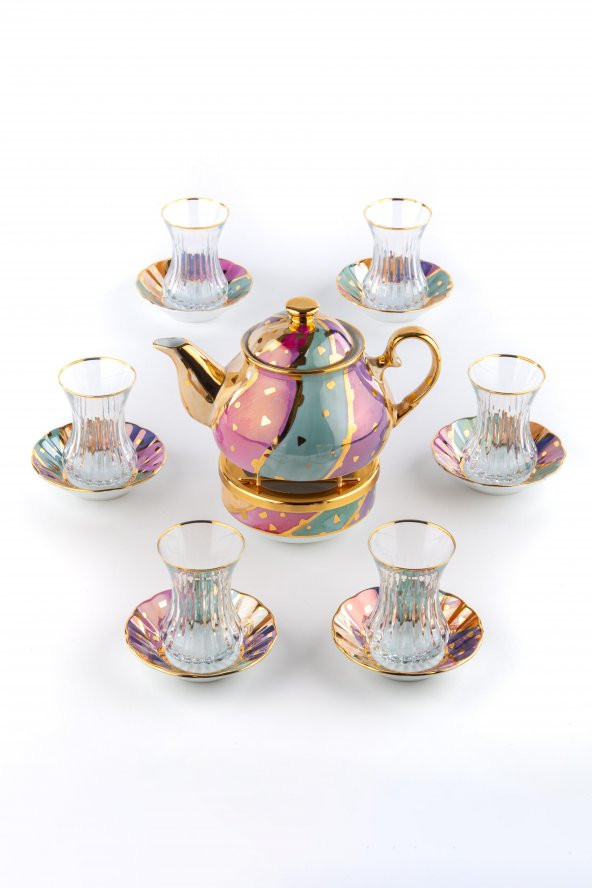 El Boyaması Çay Seti Porselen Demlik, Kaide, Çay Tabağı ve Cam Çay Bardağı 6'lı Candy Yaldızlı