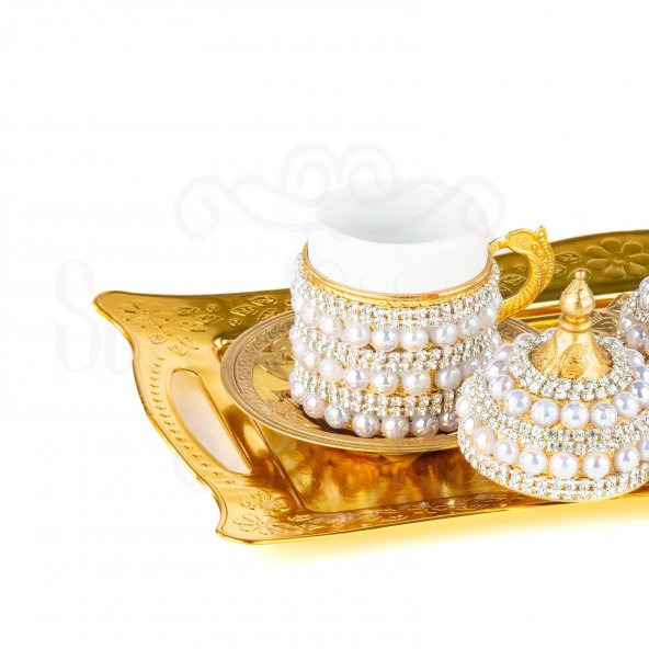 İncili ve Swarovski Taşlı Kahve Fincanı Takımı 2'lı Sarmaşık Altın - 3