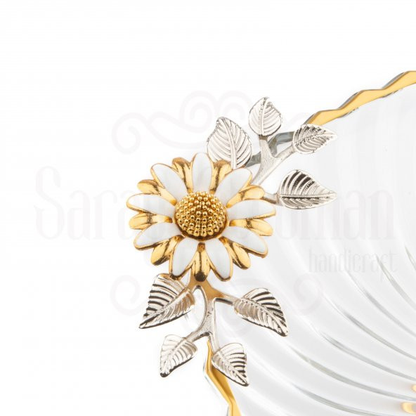 Cam Servis Sunum Tabağı Sunumluk Ayaklı Servis Tabağı Beyaz Papatya Cam Ayaklı Kare Servi Altın - 3