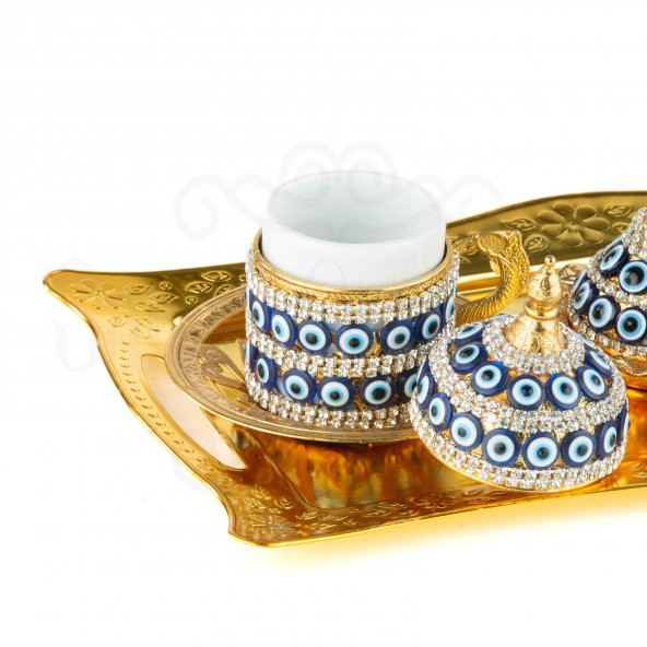 Nazar ve Swarovski Taşlı Kahve Fincanı Takımı 2'lı Sarmaşık Altın - 3