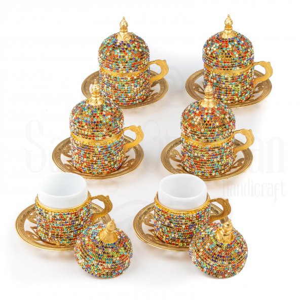 Renkli Taşlı Kahve Fincanı Takımı 6'lı Sarmaşık Altın