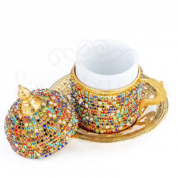 Renkli Taşlı Kahve Fincanı Takımı 6'lı Sarmaşık Altın - 2