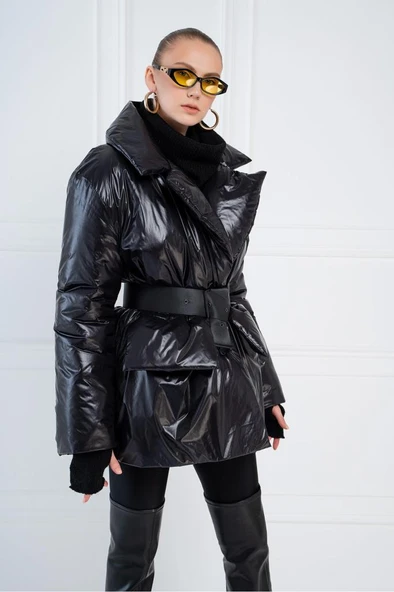 OLLEVRA Şişme Kemerli Mont Siyah Kadın ürün görseli