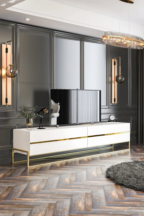 Givayo Mobilya Lyones Tv Ünitesi Alt Ünite Beyaz Altın 180 cm - 2