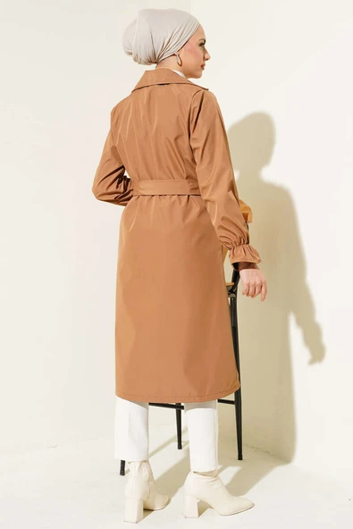 Bilek Büzgülü Kuşaklı Trençkot Taba - 3