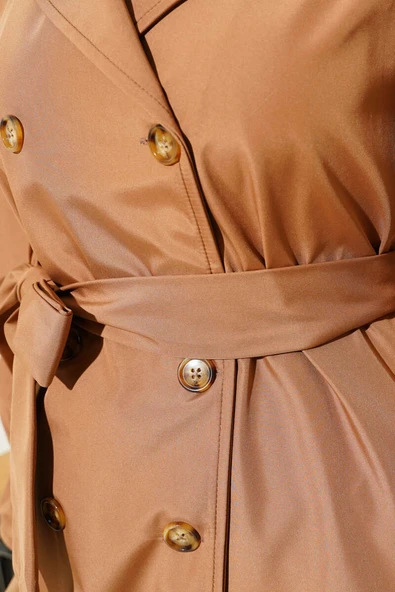 Bilek Büzgülü Kuşaklı Trençkot Taba - 4