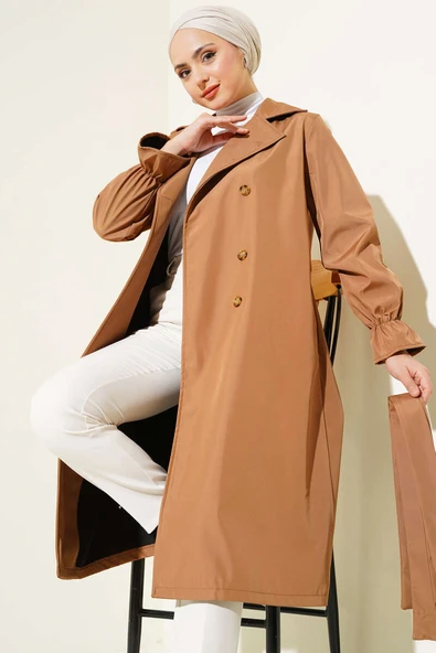 Bilek Büzgülü Kuşaklı Trençkot Taba