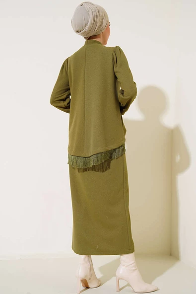 Püskül Detaylı Kolyeli İkili Takım Yağ Yeşili - 3