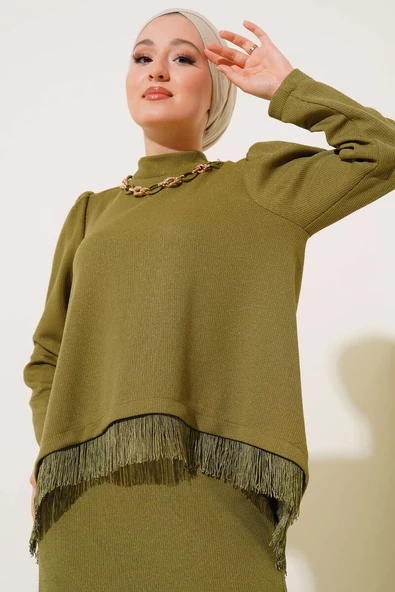 Püskül Detaylı Kolyeli İkili Takım Yağ Yeşili - 2