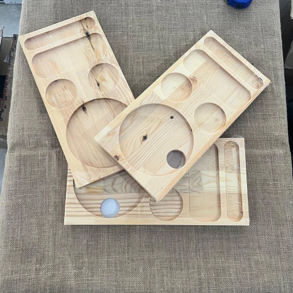 2 Adet Otel Servis Karşılama Sunum İkram Tepsisi Doğal Masif Ahşap 5 Bölmeli Kettle Ketil Altlığı 41x20 cm - 3