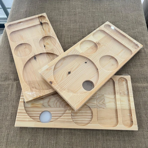 2 Adet Otel Servis Karşılama Sunum İkram Tepsisi Doğal Masif Ahşap 5 Bölmeli Kettle Ketil Altlığı 41x20 cm - 4