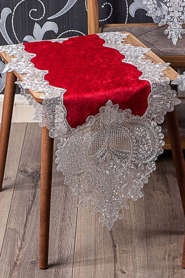 Bonny Home Efsun Bordo Kadife Üzeri Gümüş Dantelli 5 Parça Runner Seti Salon Takımı Masa Örtüsü - 2