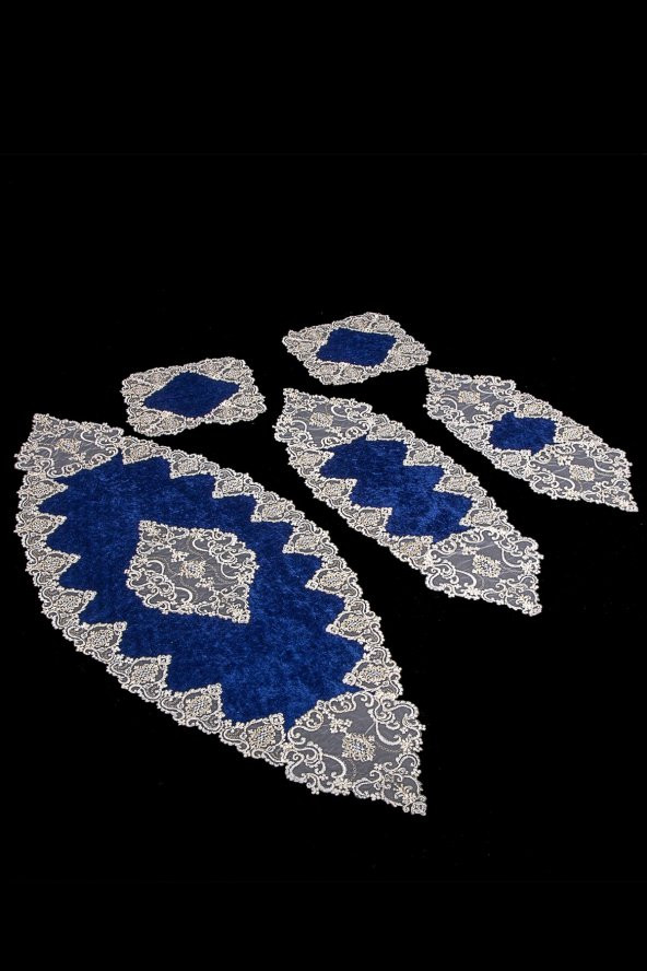 Bonny Home Hürrem Mavi Kadife Üzeri Gold Dantelli 5 Parça Salon Takımı Masa Örtüsü Runner Seti - Resim 3