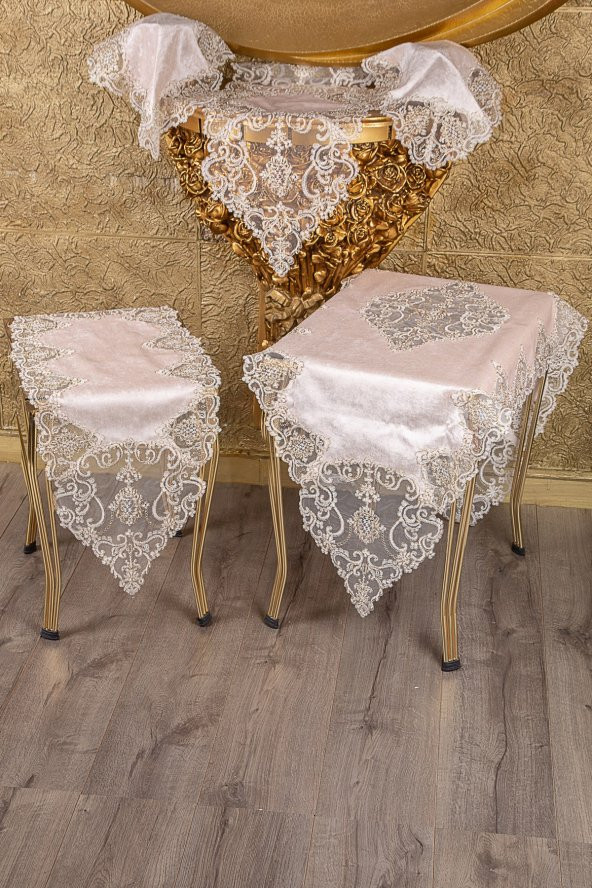 Bonny Home Hürrem Pudra Kadife Üzeri Gold Dantelli 5 Parça Salon Takımı Masa Örtüsü Runner Seti