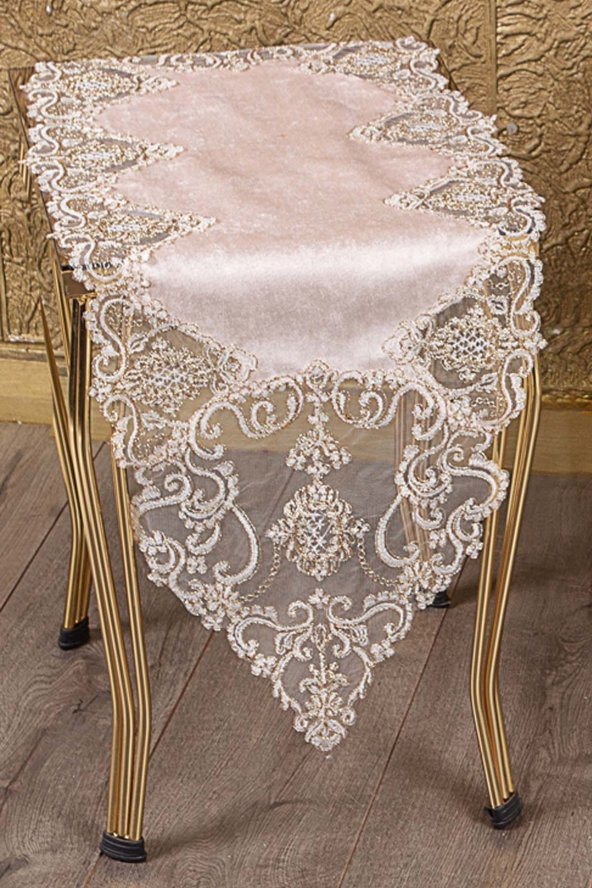 Bonny Home Hürrem Pudra Kadife Üzeri Gold Dantelli 5 Parça Salon Takımı Masa Örtüsü Runner Seti - 2