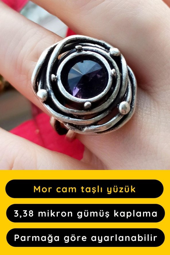 Özel Şekilli Mor Cam Taşlı Kadın Yüzük Gümüş Kaplama Ayarlanabilir El Yapımı Yüzük