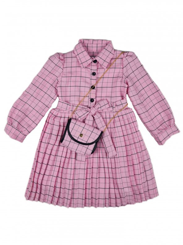Kız Çocuk Pliseli Kareli Çantalı Düğme Yaka Elbise