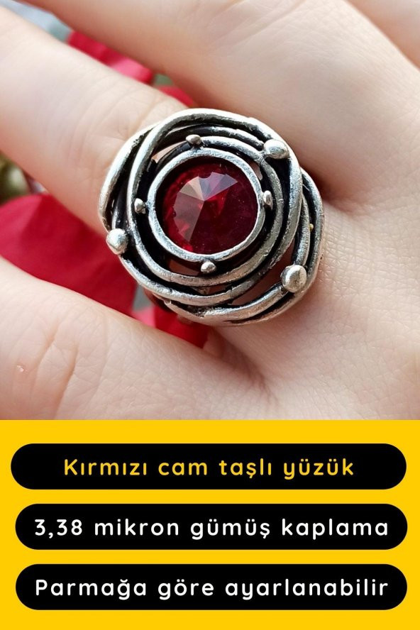 Özel Şekilli Kırmızı Cam Taşlı Kadın Yüzük Gümüş Kaplama Ayarlanabilir El Yapımı Yüzük