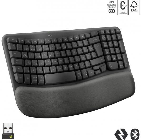 Logitech Wave Keys Kablosuz Bluetooth Dolgulu Avuç İçi Destekli Ergonomik Türkçe Q Klavye, Siyah - 2