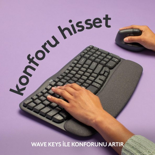 Logitech Wave Keys Kablosuz Bluetooth Dolgulu Avuç İçi Destekli Ergonomik Türkçe Q Klavye, Siyah - 3