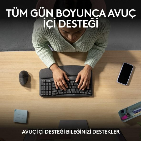 Logitech Wave Keys Kablosuz Bluetooth Dolgulu Avuç İçi Destekli Ergonomik Türkçe Q Klavye, Siyah - 5