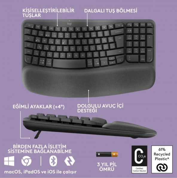 Logitech Wave Keys Kablosuz Bluetooth Dolgulu Avuç İçi Destekli Ergonomik Türkçe Q Klavye, Siyah - 7
