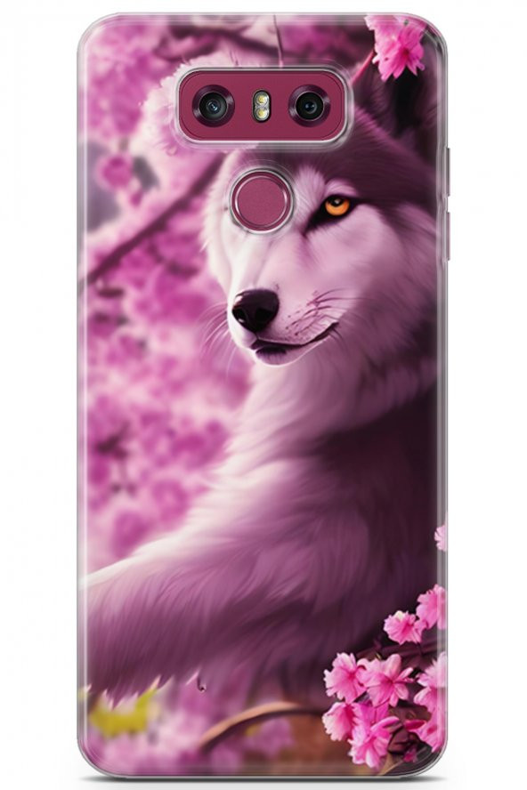 LG G6 Uyumlu Kılıf Dogs 02 Çiçekler ve Kurt Kapak Pembe - 1