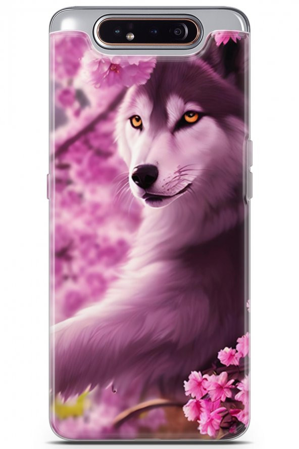 Samsung Galaxy A80 Uyumlu Kılıf Dogs 02 Çiçekler ve Kurt Kapak Pembe