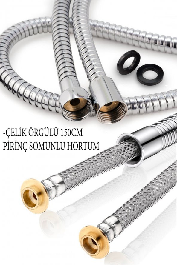 Kustar Çelik Örgülü Pirinç Somunlu Patlamaz Paslanmaz Yıpranmaz 150 Cm Banyo Duş Hortumu