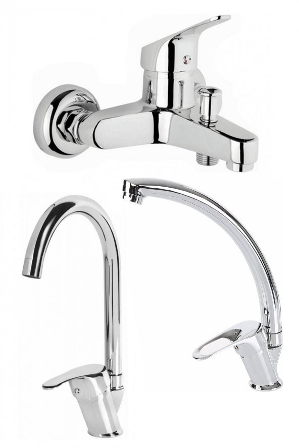 Kustar Krom Mix 3Lü Banyo Batarya Seti Duş Mutfak Lavabo Bataryası