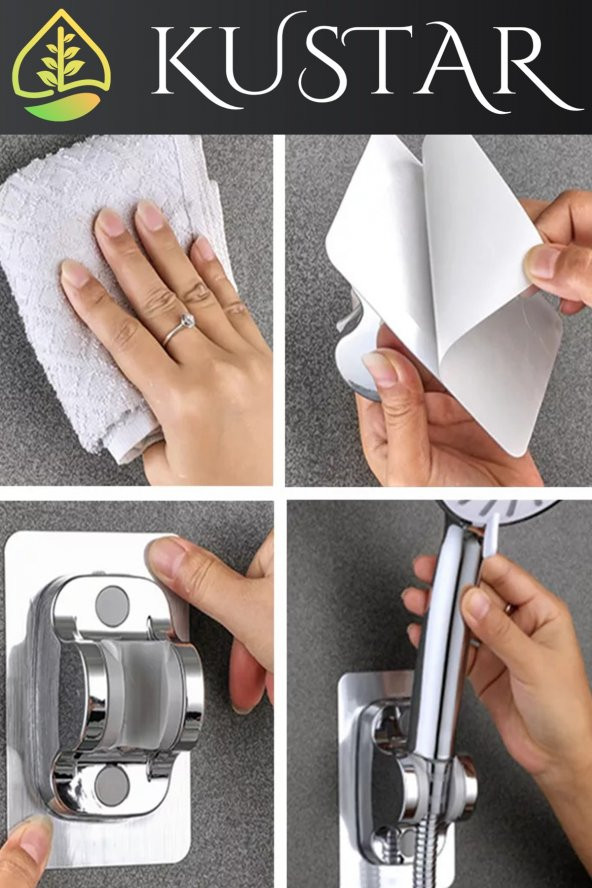 Kustar Krom Kendinden Yapışkanlı 15 Kg Taşıyabilen Nano Duş Başlığı Askısı Mafsal Kolay Temiz Kurulum - 2