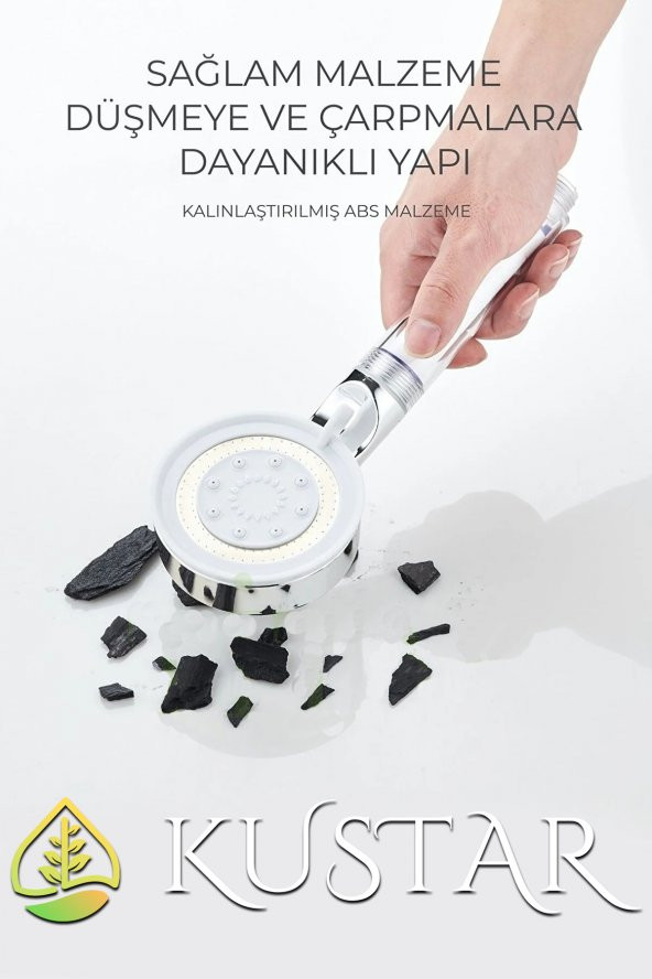 Kustar 5 Fonksiyonlu Krom Beyaz Çelik Filtreli Kireç Önleyici Yüksek Basınçlı Tasarruflu Banyo Duş Başlığı - 2