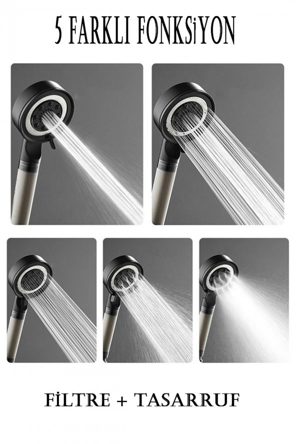 Kustar 5 Fonksiyonlu Çelik Su Tasarruflu Filtreli Turbo Jet Duş Başlığı Siyah - 4