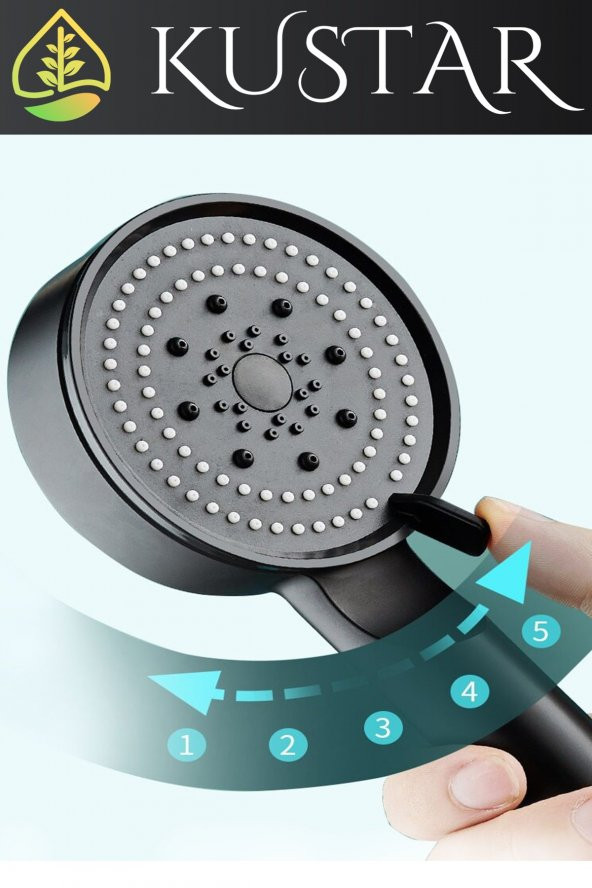 Kustar 5 Fonksiyonlu Spray Modlu Siyah Duş Seti 1,5M Örgülü Duş Hortumu Ve Askı - 4