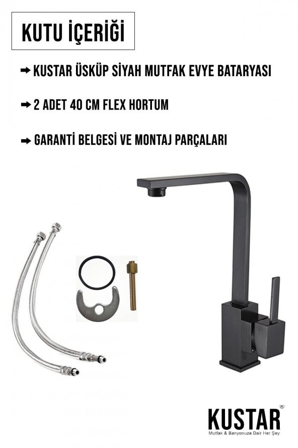Kustar Mat Siyah Mix Kare Mutfak Evye Bataryası Aç Kapa Garantili Mutfak Dekoratif Musluk - 2