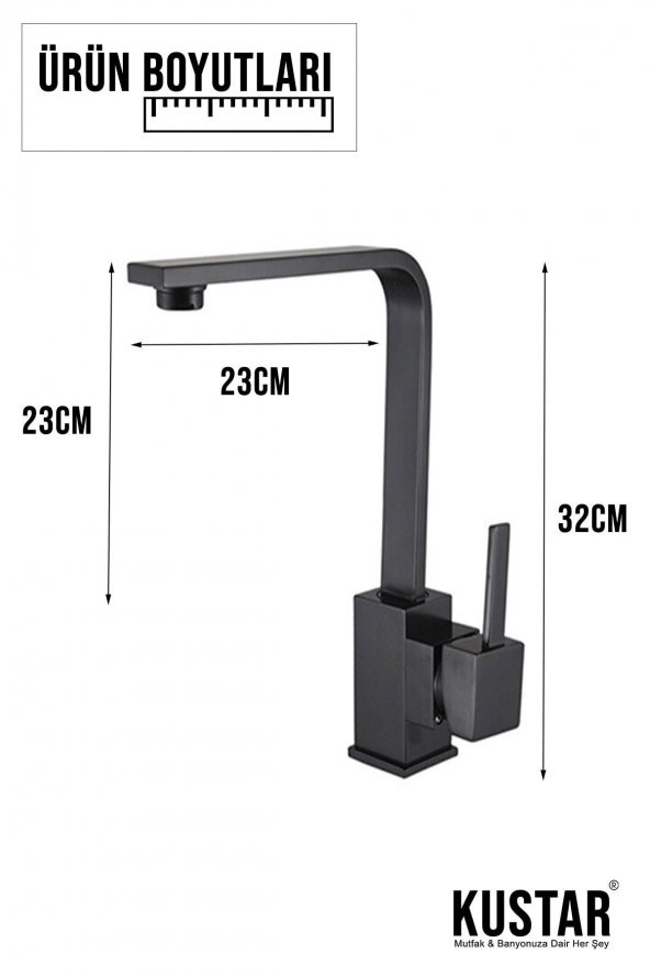 Kustar Mat Siyah Mix Kare Mutfak Evye Bataryası Aç Kapa Garantili Mutfak Dekoratif Musluk - 3