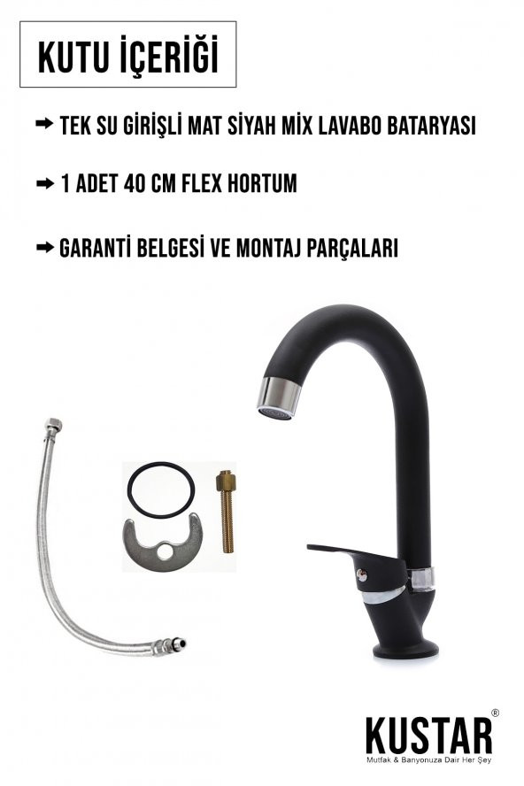 Kustar Tek Su Girişli Mat Siyah Mix Lavabo Bataryası Aç Kapa Musluk - 4