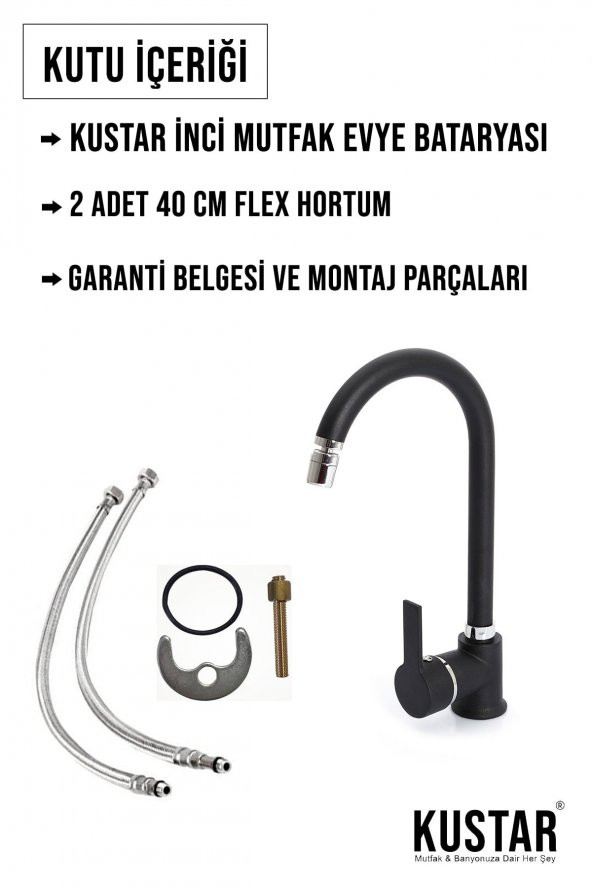 Kustar Inci Siyah Mutfak Evye Bataryası 360 Oynar Başlıklı - 4
