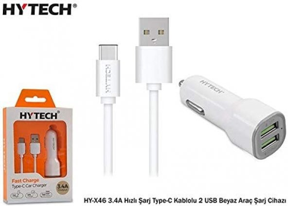 Hytech HY-X46 3.4A Hızlı Şarj Type-C Kablolu 2 USB Beyaz Araç Şarj Cihazı