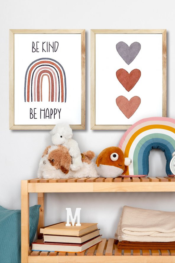 Çocuk Odası Ahşap Çerçeveli Be Kind Kalpli Tablo Set