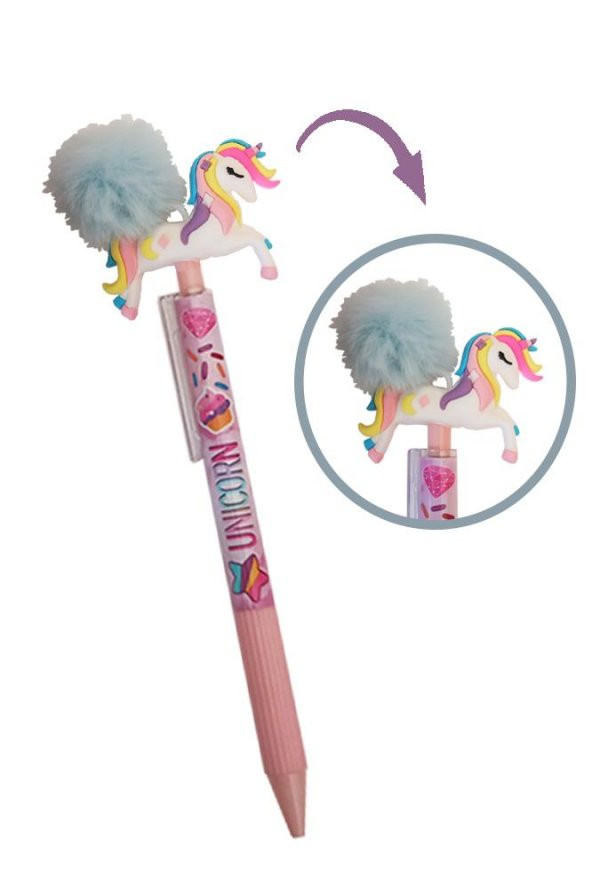 Unicorn Ponponlu Versatil Kalem Mavi 1 Adet Tek Boynuzlu Pompom 0,7 Uçlu Kalem Hediye Kalem Figürlü Sevimli Kalem